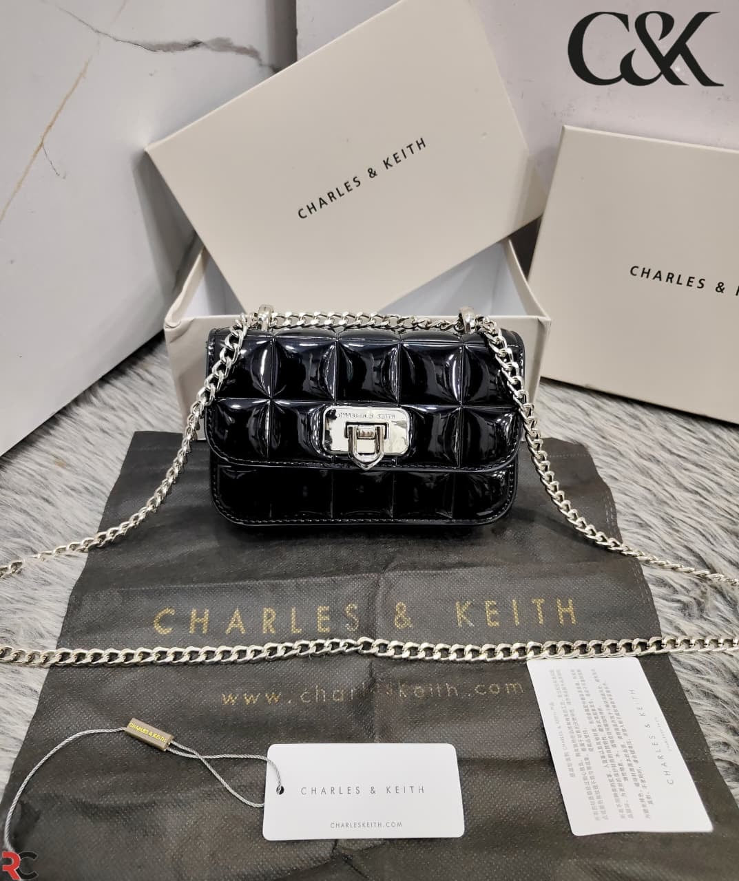 Charles & Keith Metallic Square Quilted Chain Handle Bag