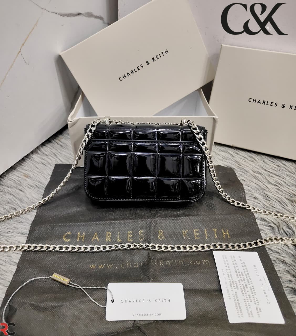 Charles & Keith Metallic Square Quilted Chain Handle Bag