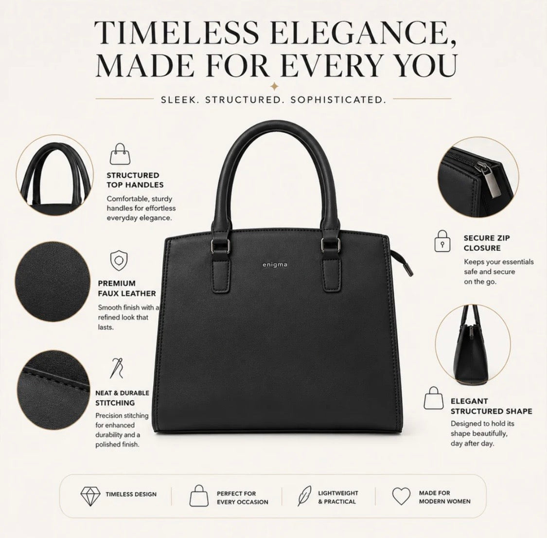 Black Enigma Fabric Texture Handbag