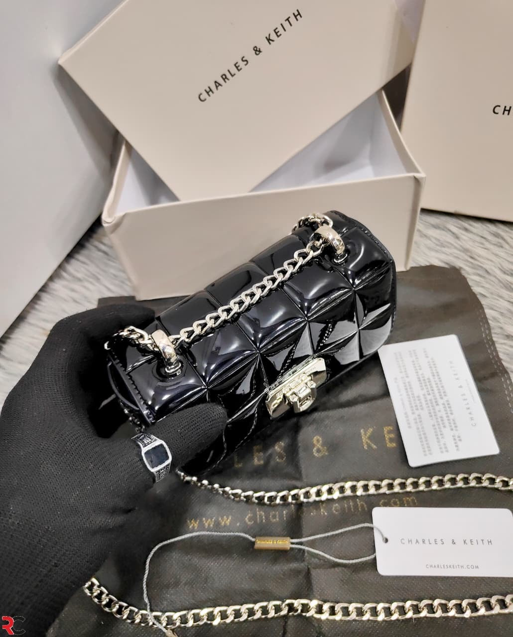 Charles & Keith Metallic Square Quilted Chain Handle Bag