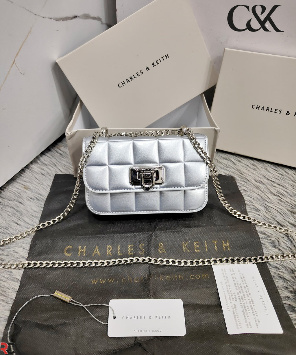 Charles & Keith Metallic Square Quilted Chain Handle Bag