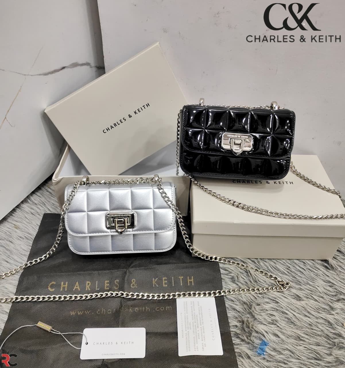 Charles & Keith Metallic Square Quilted Chain Handle Bag