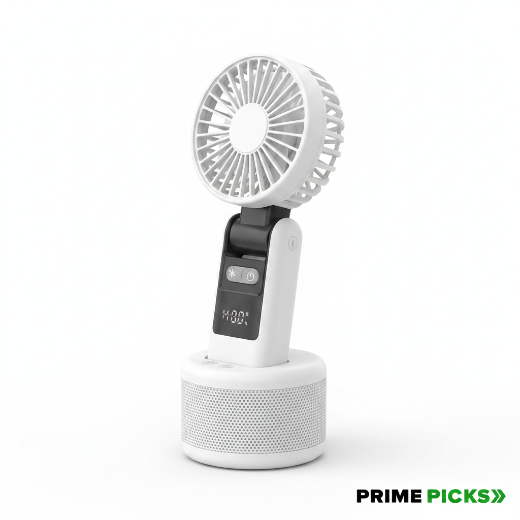 K-801 Mini Portable Hand Fan – 4000mAh Rechargeable, 6-Speed Mode, 180° Foldable Handheld Table & Neck Fan, Long-Lasting Battery for Cooking,Travel, Makeup, Office & Home, Outside Use- (white)