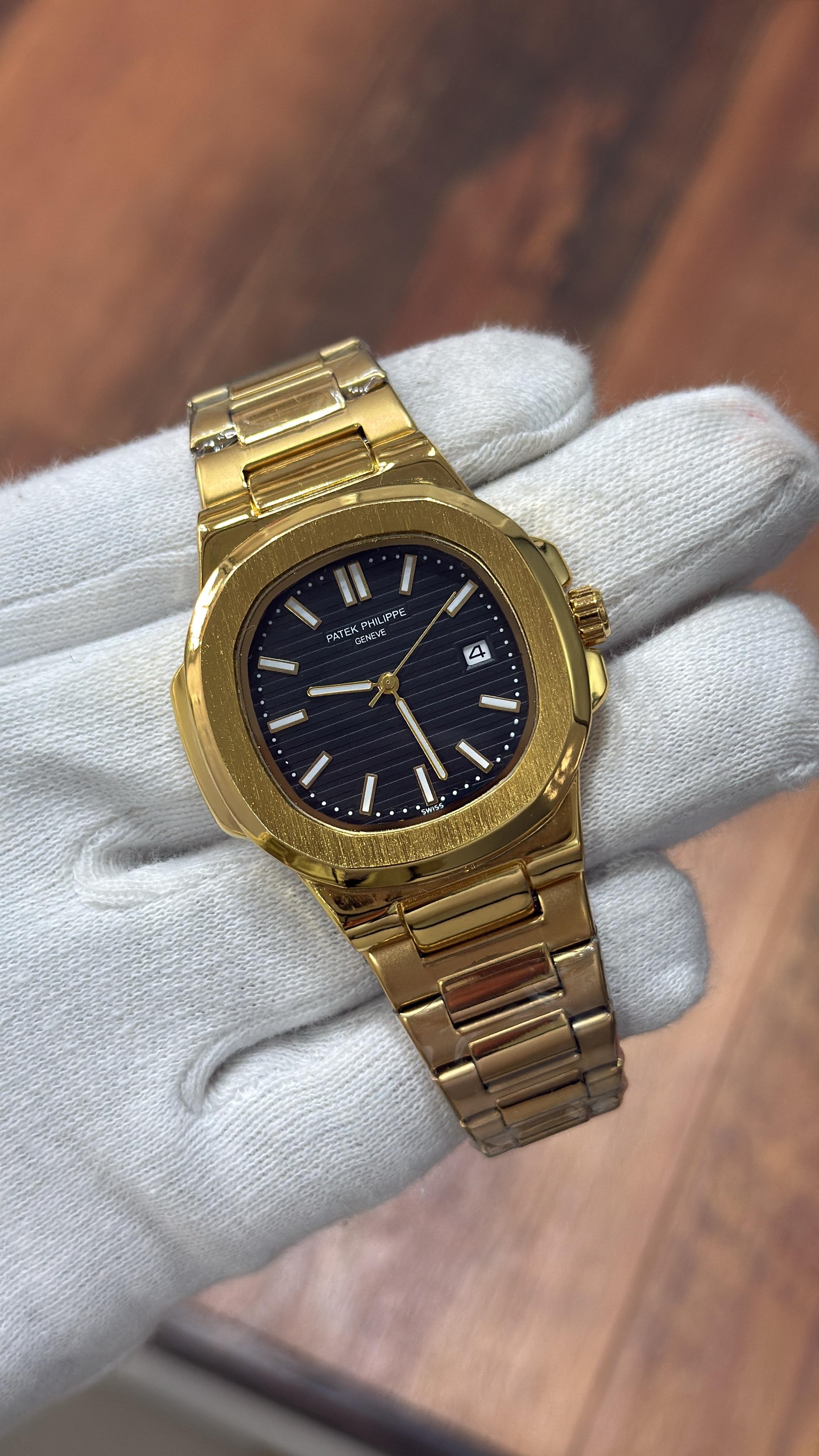 Patek Philippe Geneve Golden Bracelet Black Dial